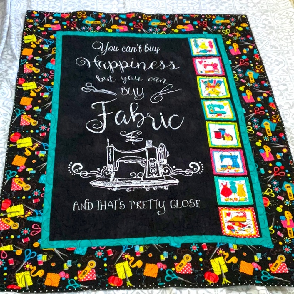 Quilted Happiness fabric wall hanging for people who sew.